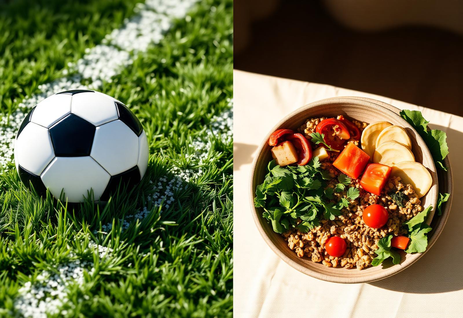 Fußball auf Rasen und frischer Office-Lunch-Bowl